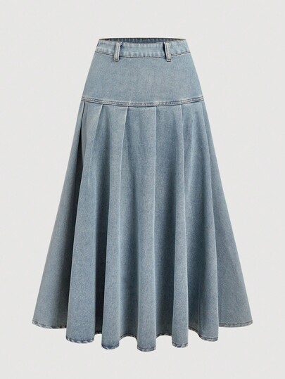 SHEIN MOD Bộ đồ thường ngày gồm 2 món đồ denim, áo không tay cài nút phía trước màu trơn và chân váy denim xếp ly cho nữ, bộ đồ denim dành cho nữ, bộ váy hai mảnh dành cho nữ, bộ vest và chân váy dành cho nữ