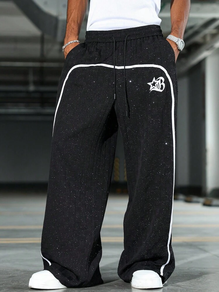 PAVTROS Manfinity Streetrush Street Textured Glitter Men's Pants ,Baggy Streetwear, Street Wear Pants, Y2k Men Pants, 2000s Style, Fall Wide Leg - Black - View 1