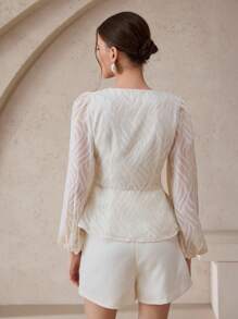 Modelyn 女士时尚浪漫优雅V领仿珍珠长袖衬衫 - 杏色 - 查看 4