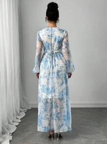 Modelyn 女式花卉印花V领灯笼袖优雅连衣裙 - 藍色 - 查看 2
