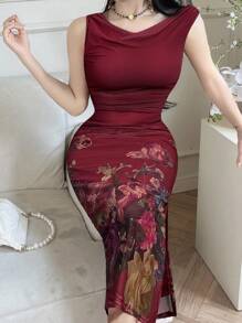 Feyla Women's Elegant Floral Print Asymmetrical Neck Ruffle Fitted Dress, Summer - Burgundy - View 6