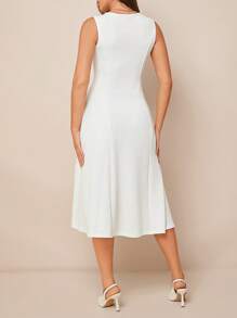 Amorya Women Round Neck Sleeveless Dress With Split Hem And Structural Design,White Graduation Dress Business Casual Woman Night Out Teacher Outfits For Women Church Outfits Women