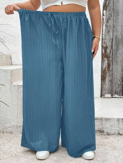 SHEIN CURVE+ 女式加大码宽松黑色阔腿梭织裤（腰带款）