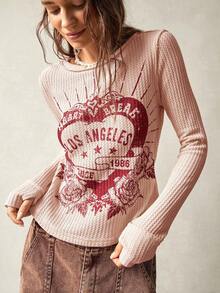 Bohemela Camiseta de mujer de manga larga, cuello redondo, de punto de unicolor, con estampado frontal central, para vacaciones