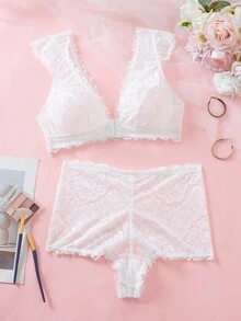 SHEIN 2pcs Women's Lace Front Closure Seamless Comfortable Lingerie Set - White - View 4
