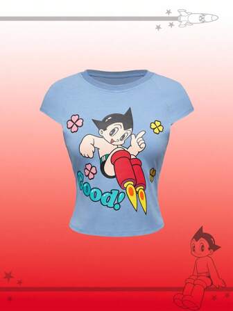 Astro Boy X ROMWE Camiseta de mujer de ajuste ceñido con cuello redondo, manga raglán y estampado de dibujos animados adorables, para el verano
