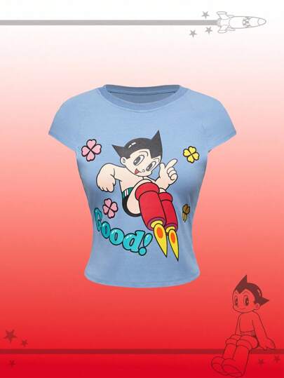 Astro Boy X ROMWE Damen Süßes Cartoon Muster Raglanärmel Rundhals Slim Fit T-Shirt, Sommer