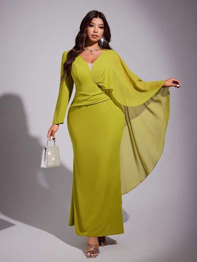 Viva Relle فستان ماكسي أنيق وأنثوي للمرأة البدينة بياقة على شكل حرف V وخصر مشدود وذيل على شكل ذيل السمكة للحفلات، خريف/شتاء