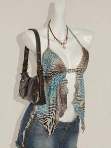 SHEIN ICON 女式豹纹不对称下摆无袖上衣，复古豹纹露背吊带背心 - 彩色 - 查看 6