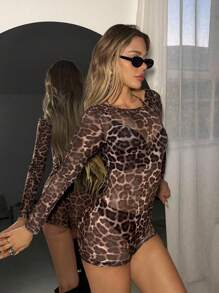 SHEIN ICON Bộ đồ liền thân lưới họa tiết da báo cổ điển gợi cảm, bộ đồ liền thân bó sát tay dài cho nữ - Nhiều màu - Xem 4