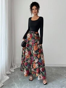 Elenzga Váy chắp vá hoa jacquard thanh lịch dành cho nữ - màu đen - Xem 5