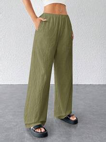 SHEIN PETITE 女士纹理简约宽松阔腿裤 - 軍綠色 - 查看 7