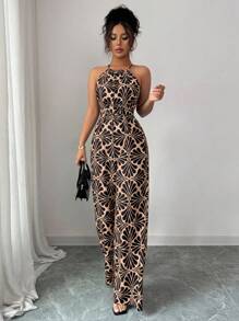 Selianne 女士印花面料束腰连体裤，优雅度假和日常穿着 - 棕色 - 查看 6