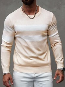 Manfinity Homme 男士条纹圆领长袖休闲套头衫 - 杏色 - 查看 3