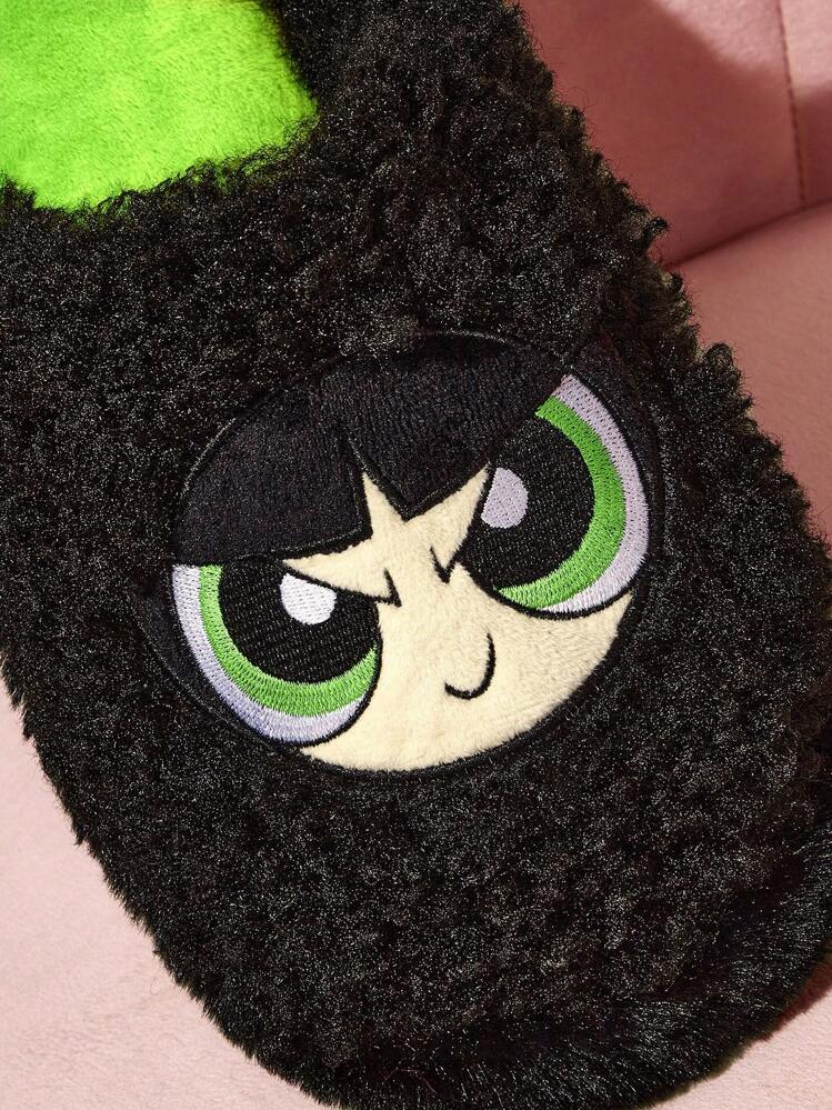 THE POWERPUFF GIRLS X SHEIN 时尚卡通刺绣毛茛防滑室内拖鞋女童柔软毛绒保暖冬季可爱家居鞋花朵、泡泡和毛茛，耐用鞋底，居家卧室空调房春秋冬 - 黑色 - 查看 4