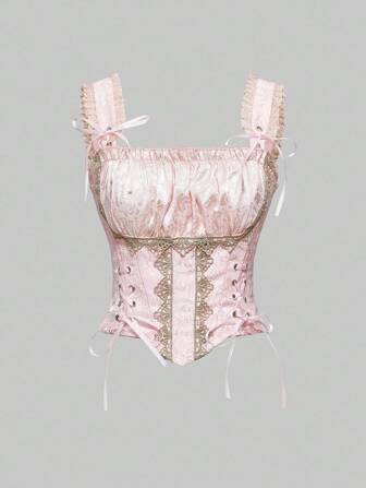 EDITION Reggiseno retrò da donna in stile palazzo, romantico, bicolore 2 in 1, con fiocco in nastro e top a canotta con patchwork