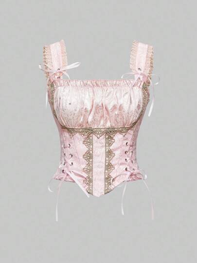 EDITION Women's Retro Palace Romantic Contrast Color 2 In 1 Bra, Ribbon Bow Patchwork Camisole