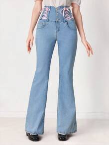 ROMWE EDITION Quần jeans ống loe cạp cao buộc dây thời trang thường ngày dành cho nữ - Rửa nhẹ - Xem 5