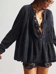 Bohemela 女士复古休闲波西米亚风黑色纯色圆领半开襟宽松长袖水洗宽松衬衫，复古西部乡村风格，适合音乐会、度假、外出、返校等场合，秋冬季穿着。 - 黑色 - 查看 4