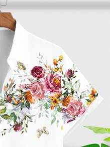 Manfinity RSRT Fashionable Casual Mature Floral Digital Print Pattern Slim Fit Short Sleeve Shirt For Plus Size Men, Suitable For Summer Outdoor, Beach, City Vacation, Dating, Party, Couple Matching, Great Gift For Boyfriend - White - View 2