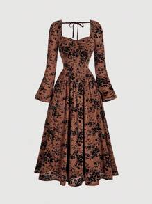SHEIN MOD Women's Brown Floral Sweetheart Neck Ruffle Flare Sleeve Elegant Dress,Victorian Vintage Autumn Tea Party Dress,Halloween Clothes Witch Outfit - Brown - View 1