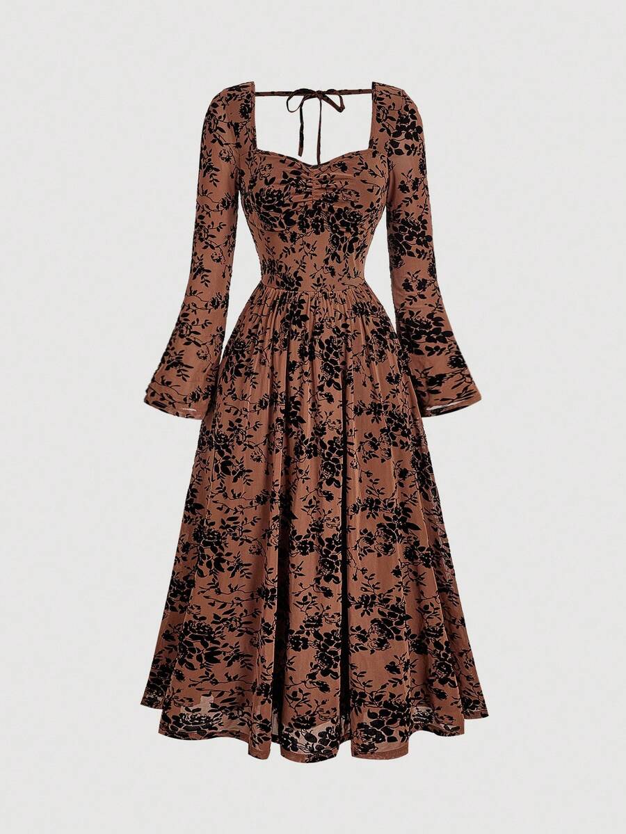 SHEIN MOD Women's Brown Floral Sweetheart Neck Ruffle Flare Sleeve Elegant Dress,Victorian Vintage Autumn Tea Party Dress,Halloween Clothes Witch Outfit - Brown - View 1