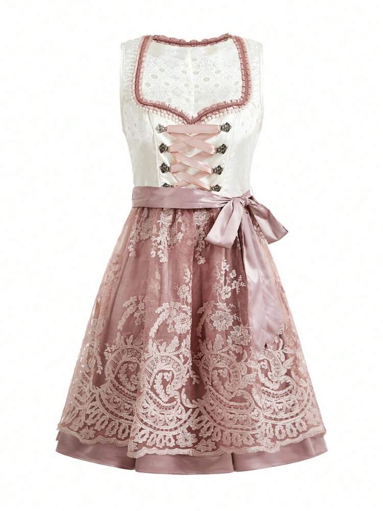 SHEIN Frenchy Váy không tay thêu lưới tương phản cổ điển dành cho nữ Váy không tay buộc eo cổ chữ V cổ điển dành cho nữ Váy ren tương phản tay ngắn cổ vuông có thắt lưng in họa tiết viền bèo nhún ngọt ngào dành cho nữ Váy Oktoberfest Dirndl Lễ hội Oktoberfest Tracht Lễ hội Oktoberfest Wiesn Bierfest Dirndl Lễ hội Oktoberfest Váy ngắn thanh lịch cổ điển dành cho nữ Váy Oktoberfest Dirndl Áo Oktoberfest Dirndl - Bụi hồng - Xem 7