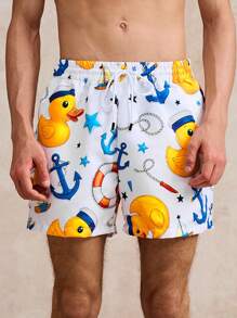 Surfspeed 男士休闲印花鸭子和锚图案抽绳腰短裤，夏季百搭沙滩/运动短裤 - 白色 - 查看 4