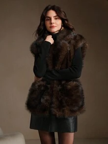 Anewsta 人造毛皮背心配皮带毛绒缺口翻领舒适冬季外套秋季、冬季、外出、优雅、别致、正式、圣诞节、婚礼、优雅派对 - 棕色 - 查看 11