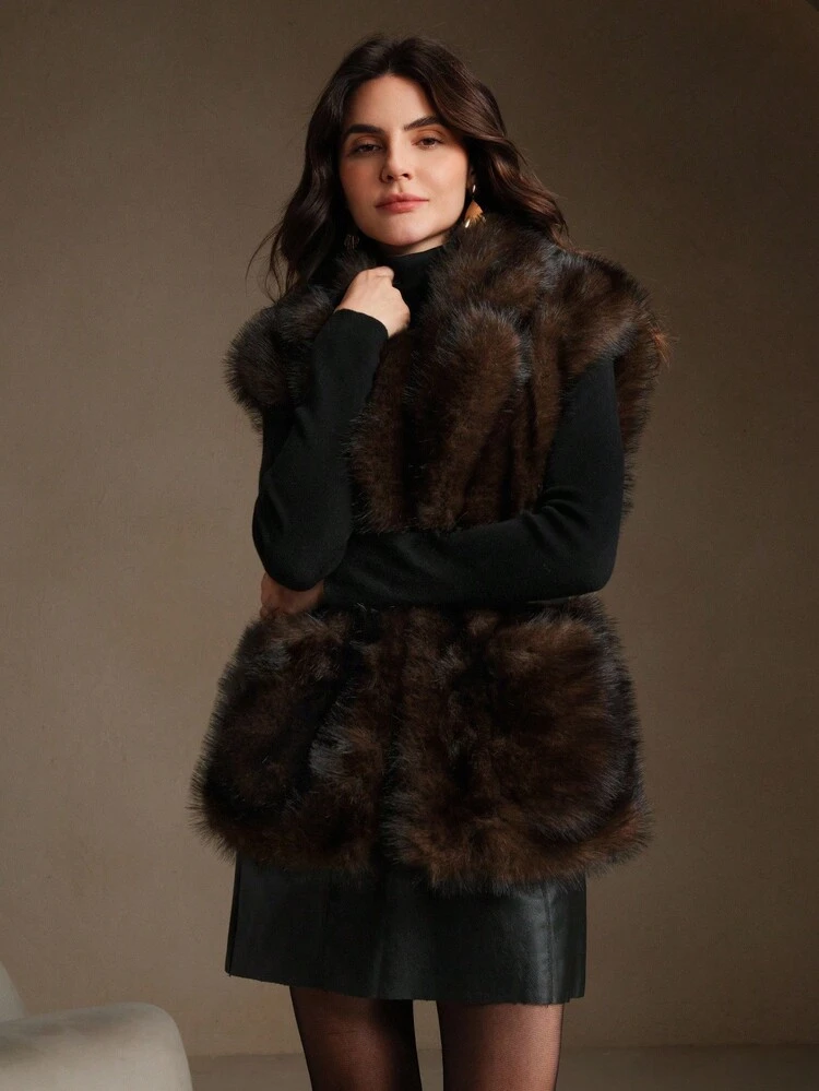 Faux Fur Vest With Leather Belt Plush Notch Lapel Snug Winter Outerwear Fall,Winter,Going Out,Elegant,Chic,Formal,Christmas,Wedding, Elegant Party