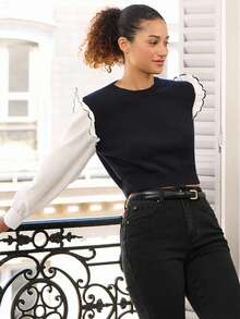 lacRébo Women's Fashion Color Block Knit Long Sleeve Sweater Teacher Outfits Office Outfits Business Casual Top Autumn Top Winter Top