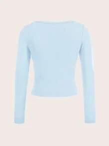 SHEIN EZwear 女士休闲简约浅蓝色圆领插肩袖黑色修身长袖打底 T 恤，适合春秋季 - 淺藍色 - 查看 7