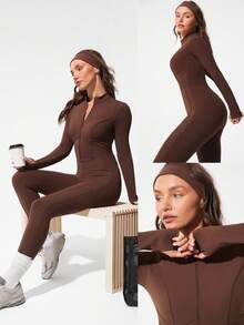 GLOWMODE 24 英寸 FeatherFit™-Air Glow Giver 柔软透气吸汗前拉链罗纹侧板轮廓接缝拇指孔深 V 形后背接缝可拆卸罩杯长袖连体衣低冲击日常运动服 - 肉桂靈感 - 查看 10