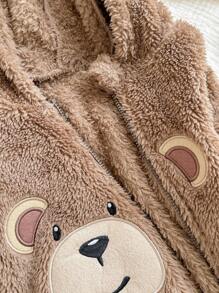 新生男婴可爱熊图案刺绣 3D 耳朵连帽长袖前拉链柔软毛绒衬里连体衣适合秋冬季