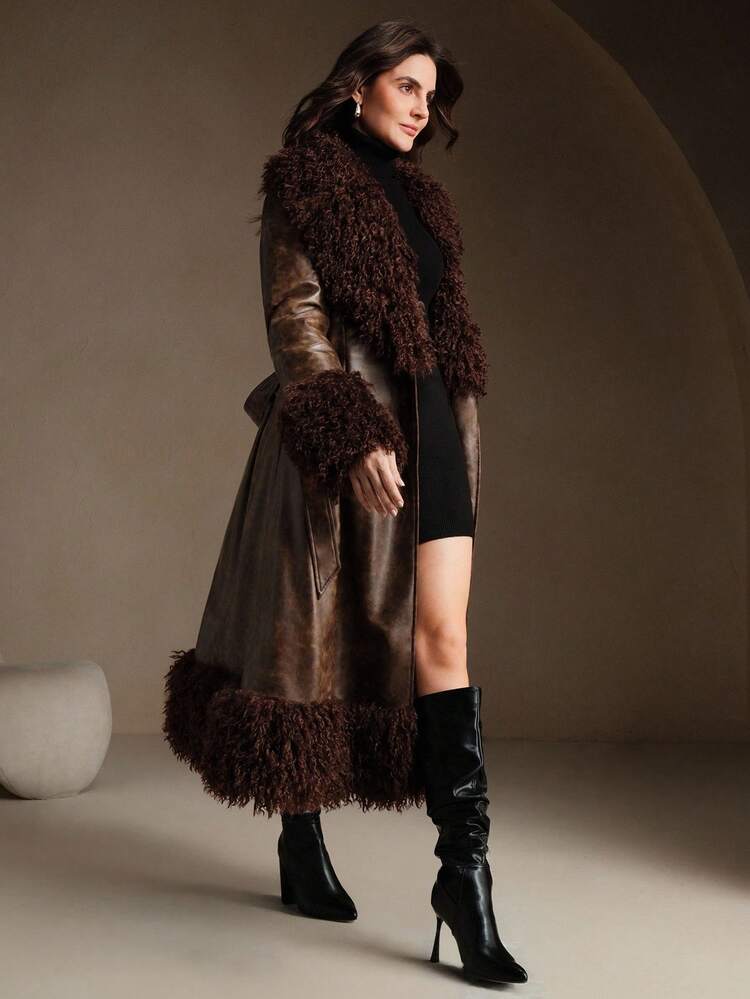 女性用秋冬ロング フェイクラムウール パッチワーク デュアルトーン 通気性レザーウエストベルト シングルブレスト カジュアルジャケット、秋冬、新年、エレガント、シック、スタイリッシュ、クリスマス、外出に適しています