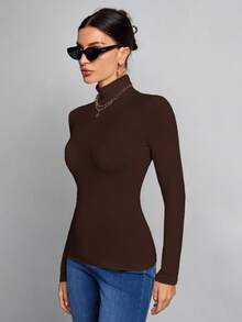SHEIN Tall 簡單純色修身高領棕色上衣，適合秋冬，高個女性穿著 - 棕色 - 查看 5