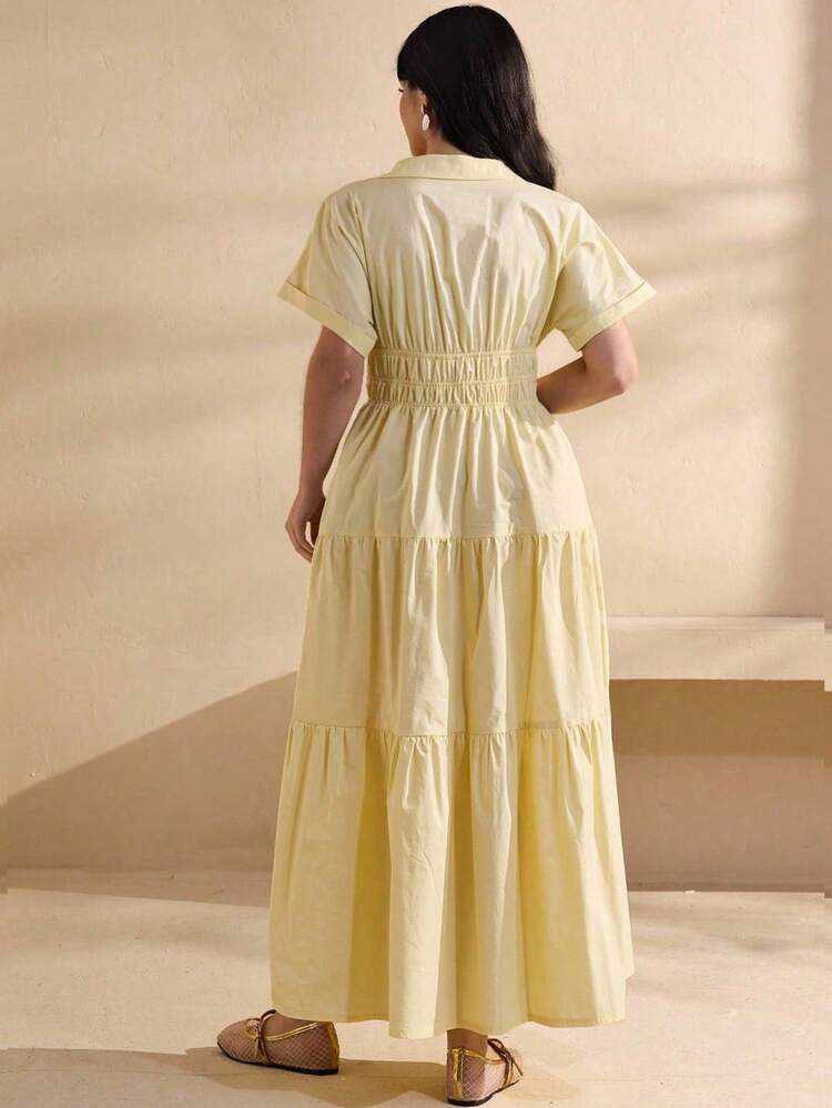 Modelyn Plus Size Women's Fashion Ruched Waist Elastic Collar Cotton Dress, Yellow - Yellow - View 3