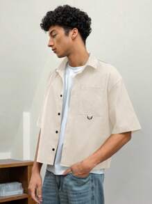 SWAVVY Áo sơ mi nam tay ngắn dệt rộng rãi, thời trang và trẻ trung, đi học - Màu be - Xem 5