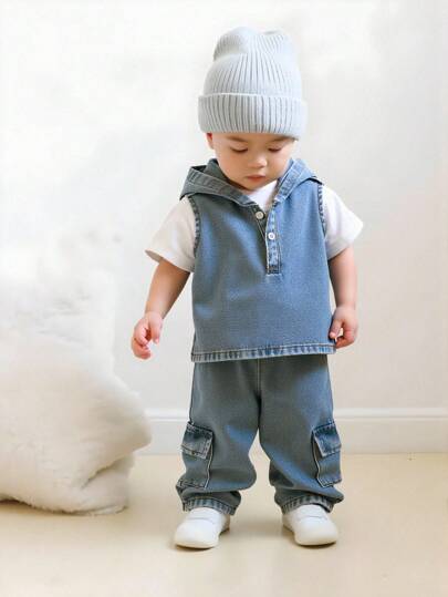 SHEIN 2 件套男童街头风格破洞印花连帽背心（带口袋）和牛仔裤套装