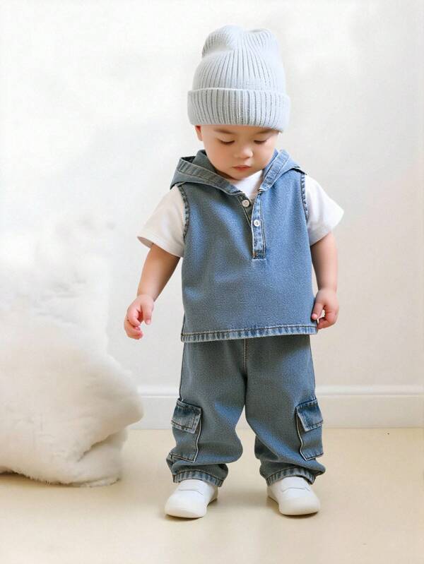 SHEIN 2 件套男童街头风格破洞印花连帽背心（带口袋）和牛仔裤套装