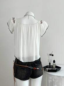 Elamini 女式刺绣露肩休闲衬衫 - 白色 - 查看 2