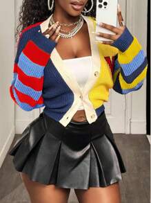 BamGleam 女士条纹拼色字母 V 领纽扣开襟长袖休闲毛衣开衫