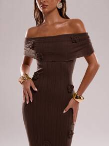 SHEIN BAE Sexy Women's Solid Color Off-Shoulder Semi-Sheer Dress - Coffee Brown - View 7