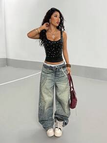 StreetHx 女式哥特式做旧复古街头风格修身背心，饰有水钻