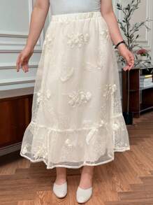 SHEIN LUNE Plus Size Elegant Flower Embroidery Mesh Skirt, Summer Gauze Clothing Women Yellow Sheer Top White Embroidered Vacation Outfits Woman Elegant Dresses For Women Teacher Outfits For Women White Outfits For Women Streetwear Korean Style Kawaii Fall Women Clothes Back To School Clothes Streetwear Vintage Old Money - White - View 6