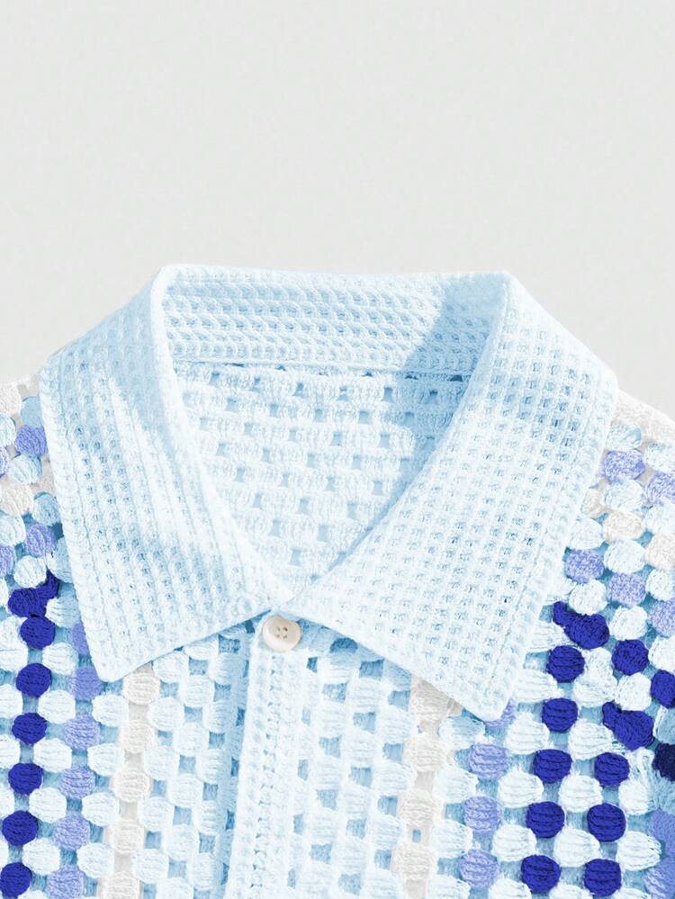 ROMWE MEN Street Life 男士水溶性开衫度假针织上衣 - 淺藍色 - 查看 4