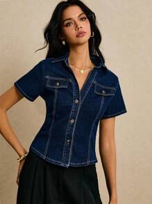 Poéselle Casual Front Button Short Sleeve Women Denim Jackets, Old Money, Business Casual Woman, Fall Women Clothes