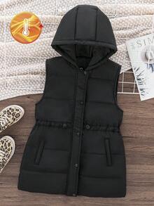 Sparklyn Tween Girls' Hooded Cinched Waist Padded Vest, Mid-Length Zipper, Sleeveless Jacket, Versatile For Autumn/Winter Fall - Black - View 1
