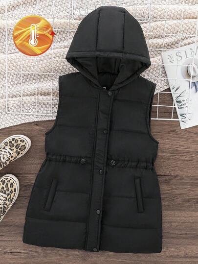 Sparklyn Tween Girls' Hooded Cinched Waist Padded Vest, Mid-Length Zipper, Sleeveless Jacket, Versatile For Autumn/Winter Fall