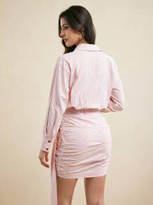 Mathilde Lhomme Vestido casual de mujer con falda acuchillada de cintura con cordón y camisa a rayas de mezcla de algodón - Rosa - Ver 2